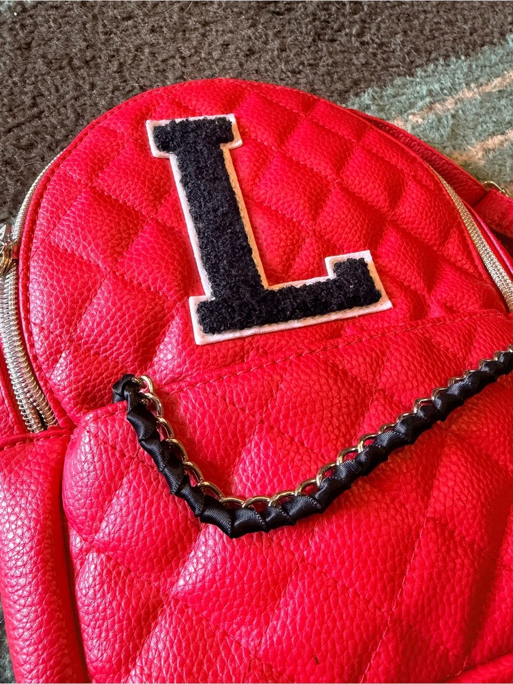 Justice Girl’s Red Quilted Backpack with 'L' Initial